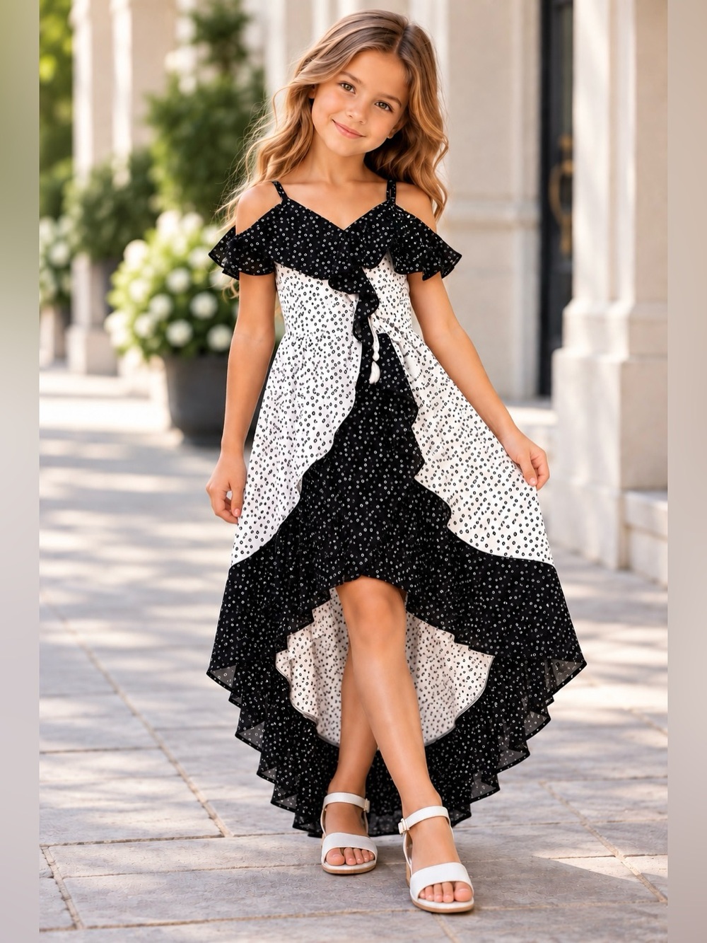 Sequin Hearts Black & White Polka Dot High-Low Dress